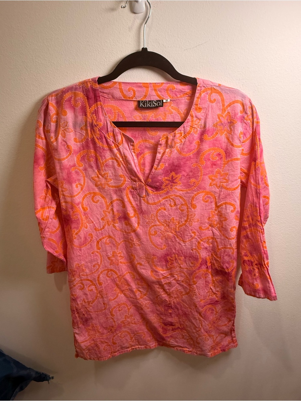 KikiSol Pink Orange 100% Cotton Boho Tunic Top or swimsuit cover Medium